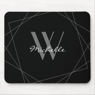 Mousepad Script de Nome Geométrico da Cinza Negra Elegante