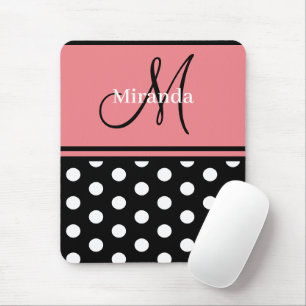 Mousepad Script do Monograma do Bolinhas Branco Rosa Preto