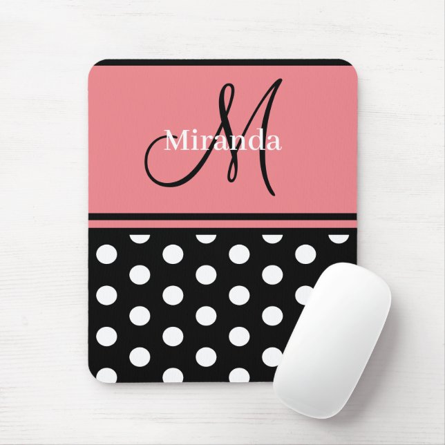 Mousepad Script do Monograma do Bolinhas Branco Rosa Preto (Com mouse)