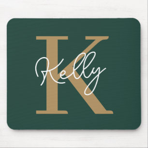 Mousepad Script Dourado Monograma do Emerald Green moderno