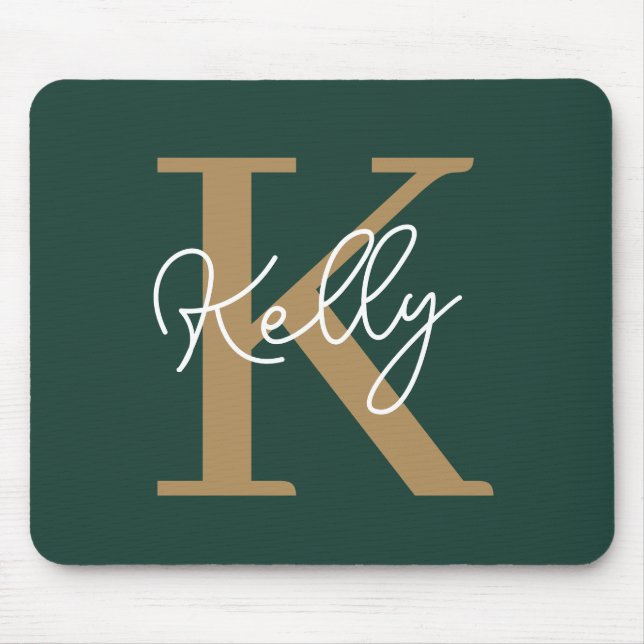 Mousepad Script Dourado Monograma do Emerald Green moderno (Frente)
