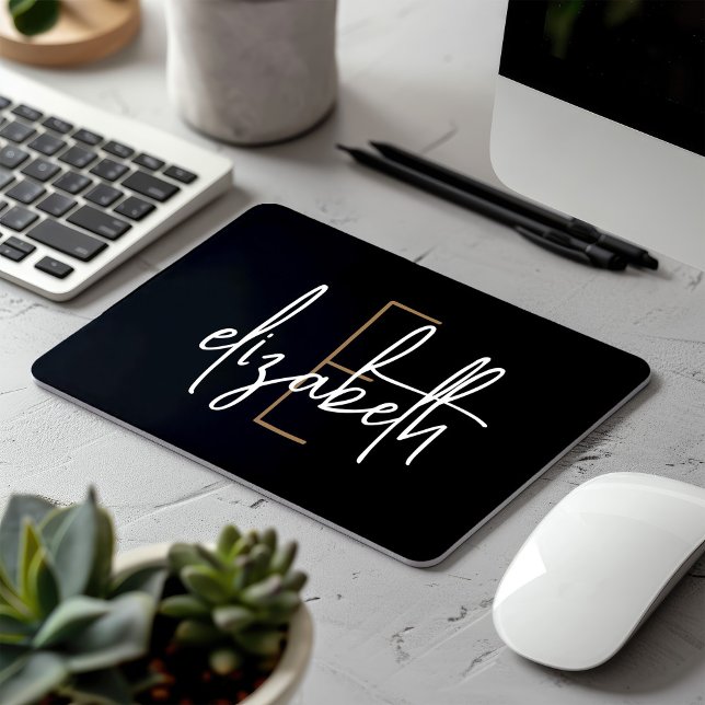 Mousepad Script Dourado preto monograma elegante (Criador carregado)