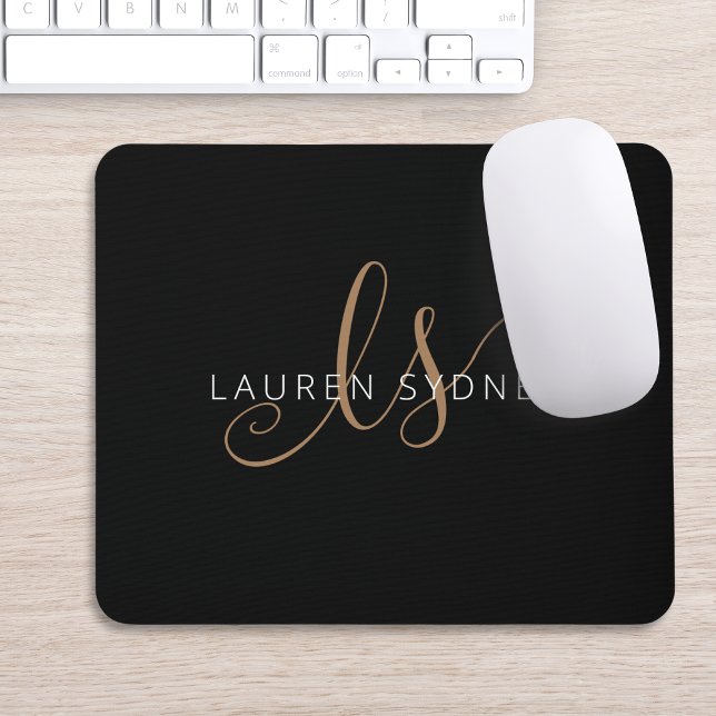 Mousepad Script Feminino Dourado Preto Moderno Monograma (Criador carregado)