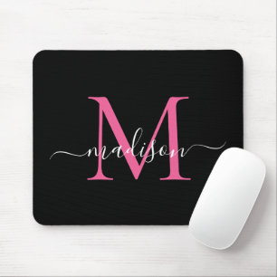 Mousepad Script Girly Elegante de Monograma Rosa Preto Mode