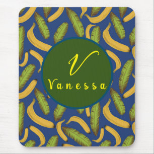 Mousepad Script Monograma de Folha Azul Folha Tropical