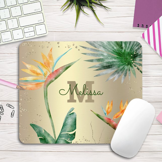 Mousepad Script Monograma Floral de Folhagem Tropical Palm  (Criador carregado)