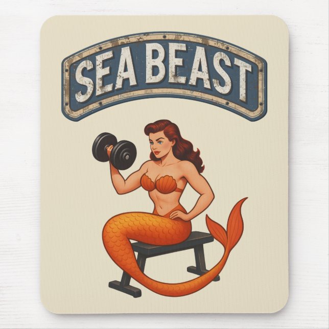 Mousepad Sea Beast Gym Mermaid Retro Pin-Up Fitness Lover (Frente)