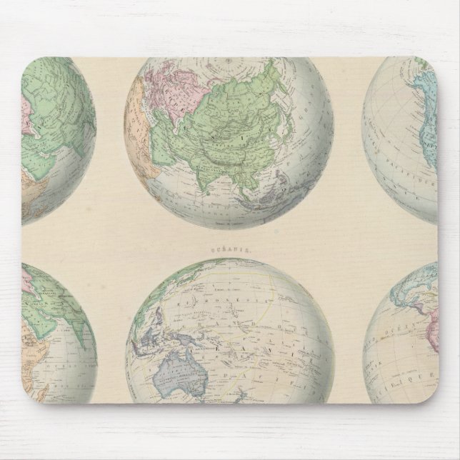 Mousepad Seis mapas hemisféricos do mundo (Frente)