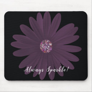 Mousepad Sempre Sparkle, margarida roxa com centro de brilh