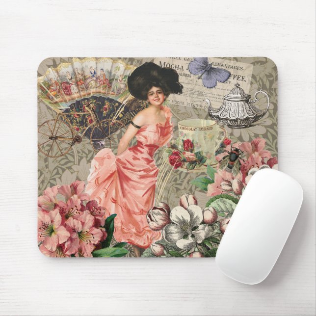 Mousepad Senhora Café Mulher Vitoriana Rosa Vestido Rico (Com mouse)