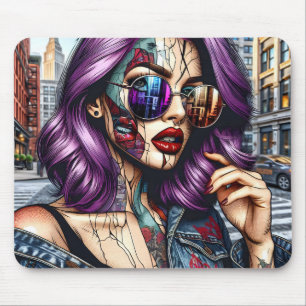 Mousepad Senhorita Bonita Abstrata Colorida com Cabelo Roxo
