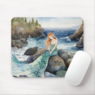 Mousepad Sereia Aquarela Em Rochas Oceânicas
