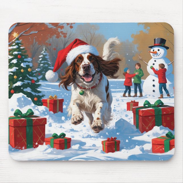 Mousepad Setter Inglês Correndo na Neve com Chapéu de Natal (Frente)