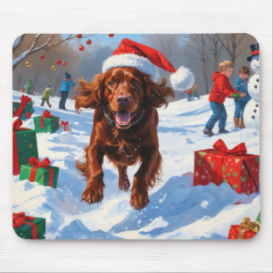 Mousepad Setter Vermelho Irlandês Correndo na Neve com Chap
