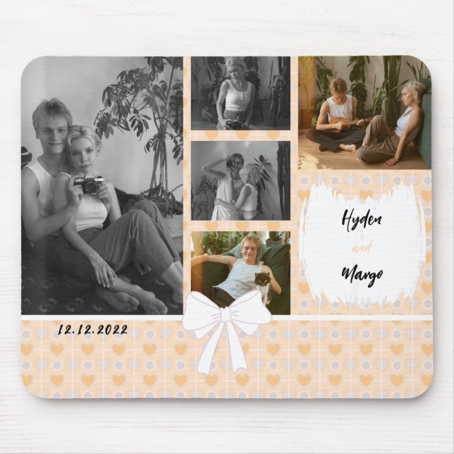 Mousepad Seu Nome - Casal Foto Colagem Laranja Corações (Frente)