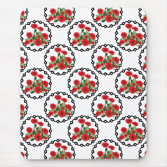Mousepad Shabby Chic Vermelho, Preto e Branco Papoulas Flor (Frente)
