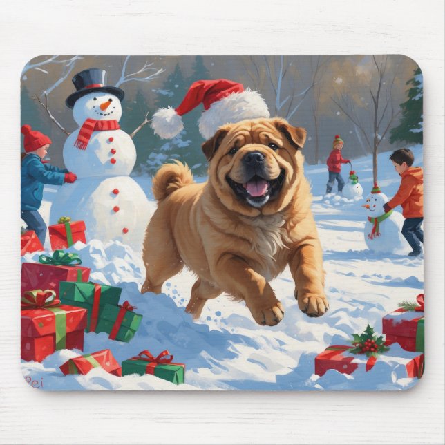 Mousepad Shar Pei Correndo na Neve com Chapéu de Natal (Frente)
