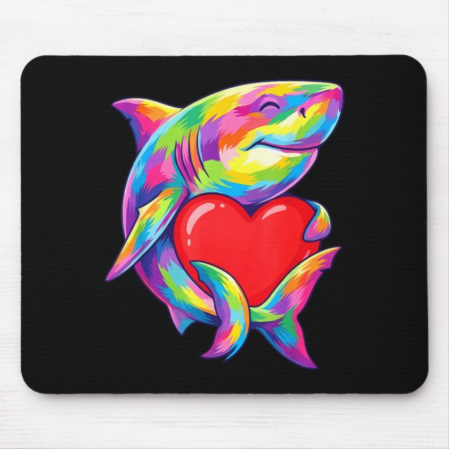 Mousepad Shark Hugging Valentine Heart Color Critters Rainb (Frente)