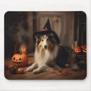 Mousepad Shetland Sheepdog Pumpkins Halloween Assustado