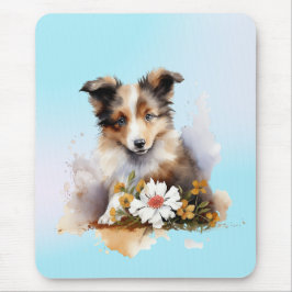 Mousepad Shetland Sheepdog Puppy Pet Watercolor Fllower
