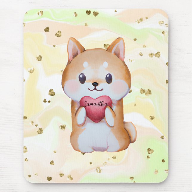 Mousepad Shiba Inu Segurando Um Coração (Frente)