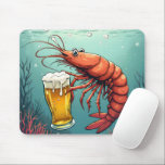 Mousepad Shrimp Holding a Glass of Beer<br><div class="desc">A cartoon shrimp is holding a glass of beer while swimming in the ocean,  surrounded by bubbles and coral</div>