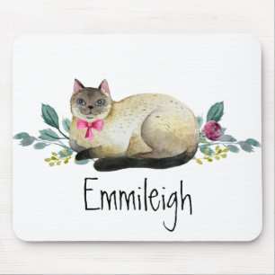 Mousepad Siamese Cat Purple Floral Green Folaves Brancas