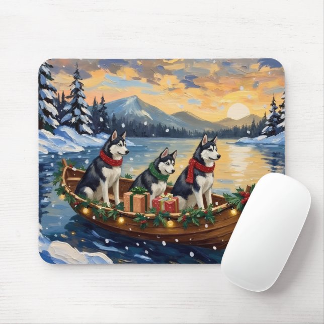 Mousepad Siberian Husky Christmas Boat Holiday (Com mouse)