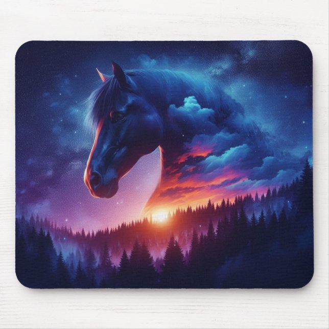 Mousepad Silhueta de Cavalo em Paisagem de Floresta Sunset (Frente)