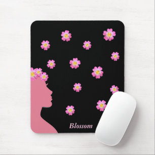 Mousepad Silhueta de mulher, flores cor-de-rosa & texto em