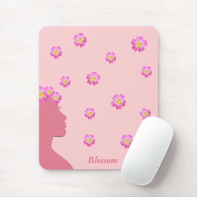 Mousepad Silhueta de mulher, flores & texto em rosa (Com mouse)