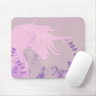 Mousepad Silhueta de Unicórnio Flutuante (flores roxas)