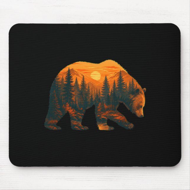 Mousepad Silhueta de urso masculino com paisagem florestal  (Frente)