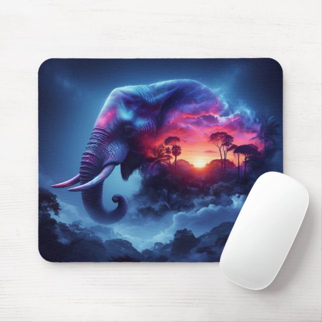 Mousepad Silhueta Elefante Intercalada com Sunset Vibrante (Com mouse)