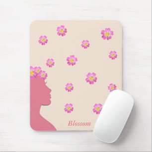 Mousepad Silhueta feminina, flores cor-de-rosa e texto sobr