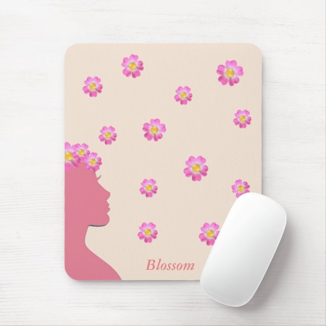 Mousepad Silhueta feminina, flores cor-de-rosa e texto sobr (Com mouse)