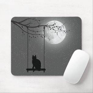 Mousepad Silhueta Gato Em Um Balanço À Lua