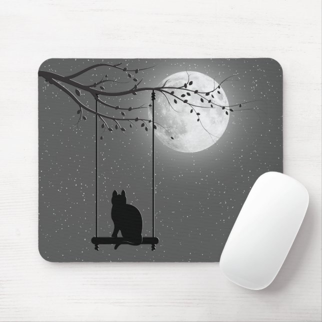 Mousepad Silhueta Gato Em Um Balanço À Lua (Com mouse)