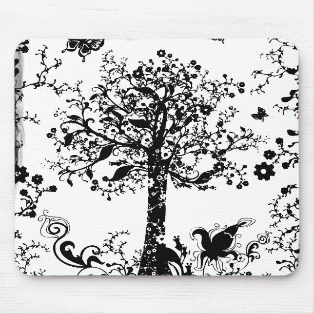 Mousepad Silhueta preta & branca da borboleta da árvore (Frente)