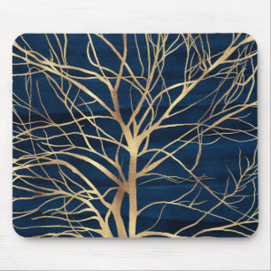 Mousepad Silhuette de árvore Dourada moderna, Design azul 
