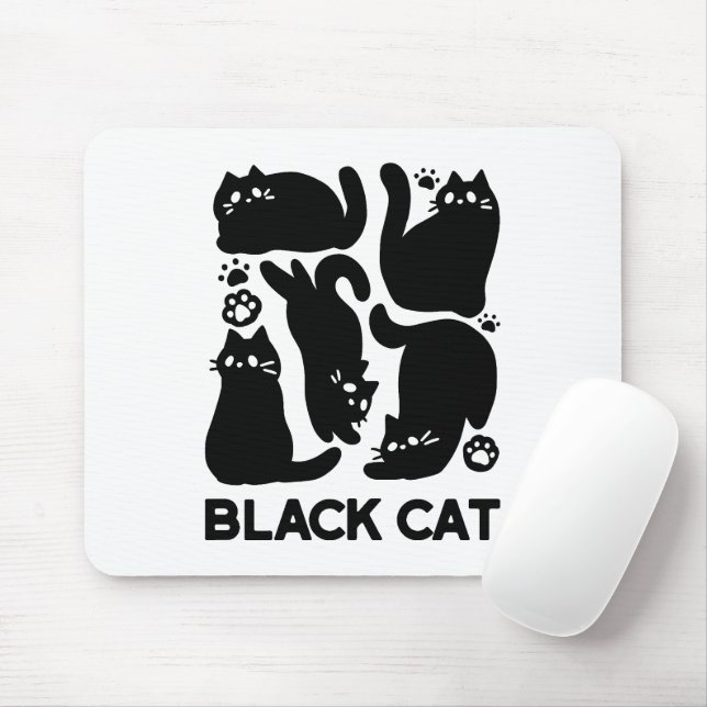 Mousepad Silhuettes de Gato Negro - Design de Felino Cinto (Com mouse)