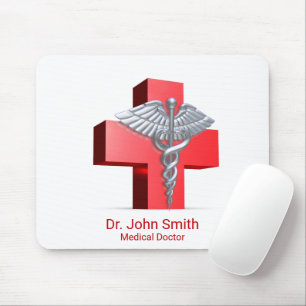 Mousepad Silver 3D Caduceus Cross Red Medical