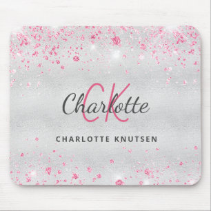 Mousepad Silver pink glitter monogram name metallic