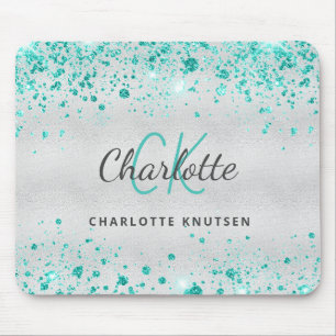 Mousepad Silver teal glitter sea green monogram metallic