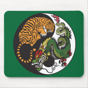 Mousepad símbolo de yang do yin do dragão verde e do tigr
