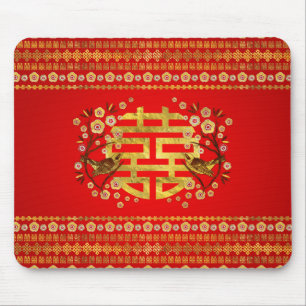 Mousepad Símbolo Dourado de Dupla Felicidade com flores e 