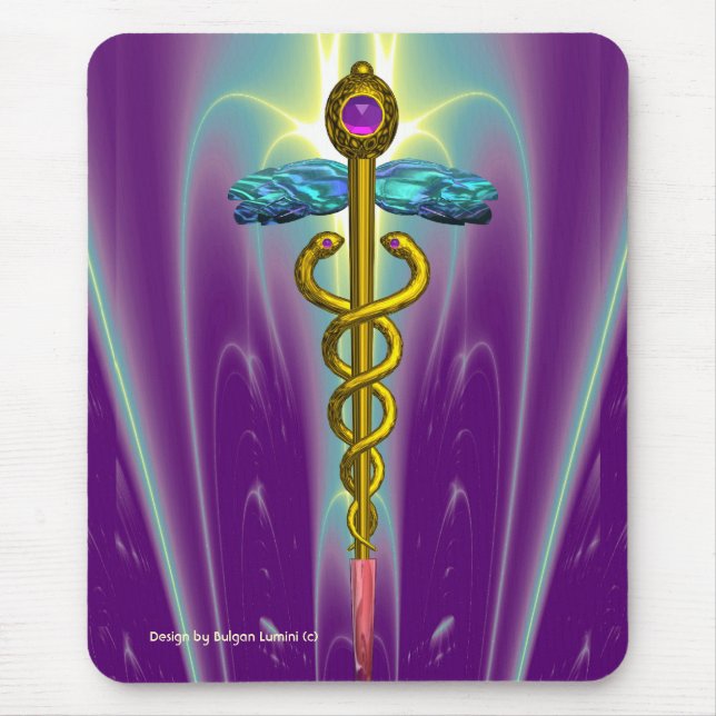 Mousepad Símbolo médico CADUCEUS do ouro, púrpura vibrante (Frente)