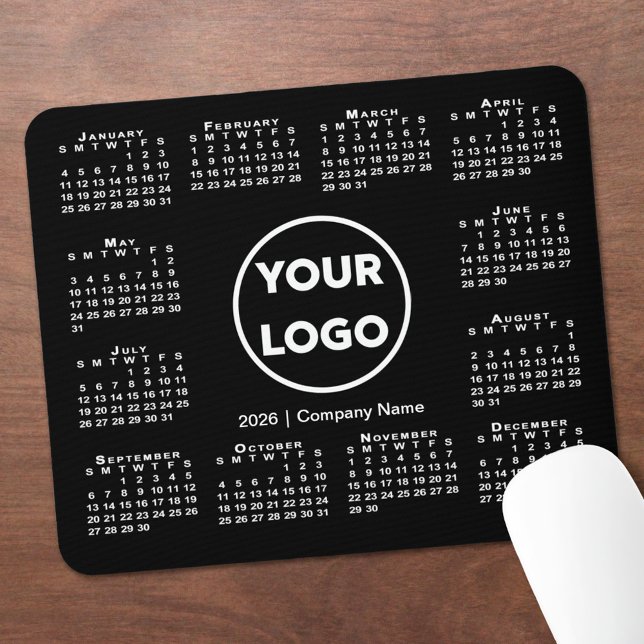 Mousepad Simple 2026 Calendar Business Logo on Black (Simple 2026 Calendar Business Logo on Black Mouse Pad, in situ)