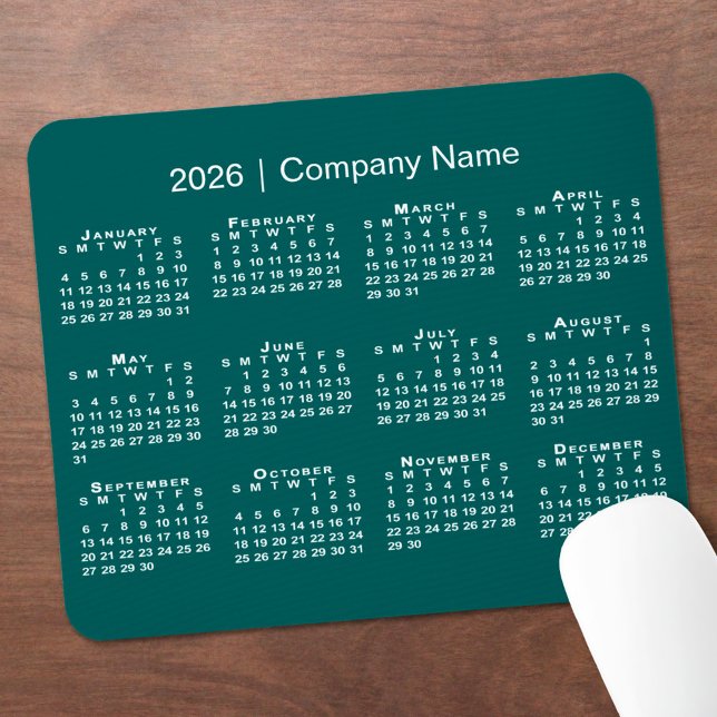 Mousepad Simple 2026 Calendar Company Name on Blue-Green (Simple 2026 Calendar Company Name on Blue-Green Mouse Pad, in situ)