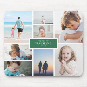 Mousepad Simple Family Photo Collage & Green Monogram
